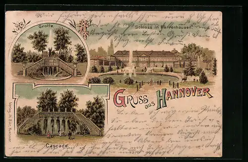 Lithographie Hannover, Grotte, Cascade, Schloss in Herrenhausen