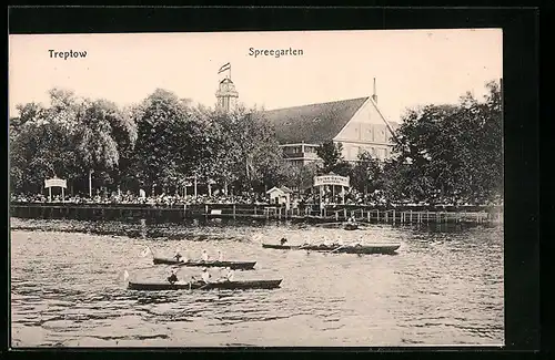 AK Berlin-Treptow, Gasthaus Spreegarten mit Ruderpartie