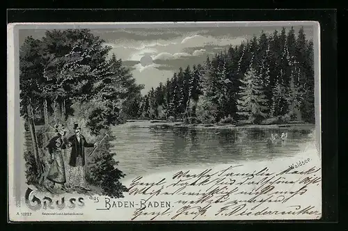 Mondschein-Lithographie Baden-Baden, Partie am Waldsee