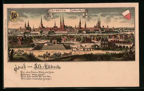 Lithographie Lübeck, Teilansicht mit Pferdewagen