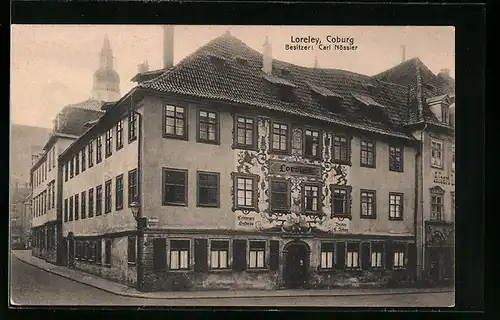 AK Coburg, Gasthaus Loreley C. Nösssler, Strassenansicht