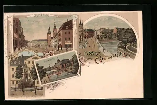 Lithographie Chemnitz, Markt, Markthalle mit Brücke, Saxonia-Brunnen