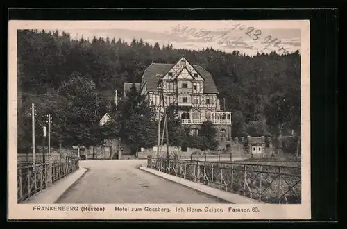 AK Frankenberg /Hessen, Hotel zum Gossberg H. Geiger mit Strasse