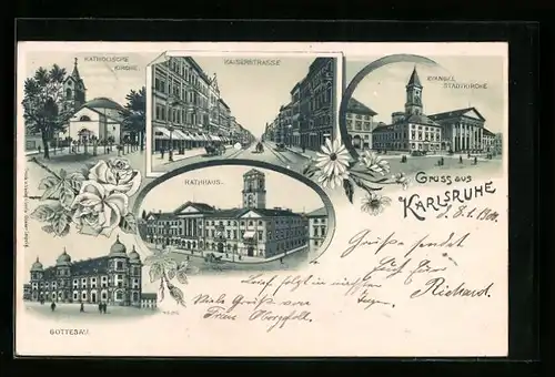 Lithographie Karlsruhe, Rathaus, Gottesau, Katholische Kirche