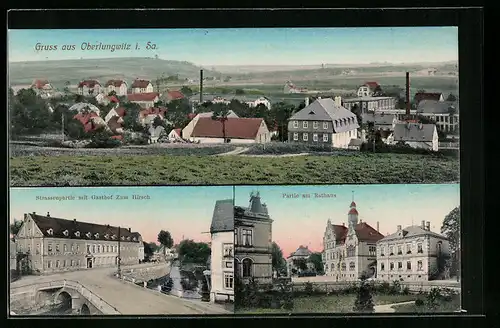 AK Oberlungwitz, Totalansicht, Strassenpartie mit Gasthaus Zum Hirsch, Rathaus