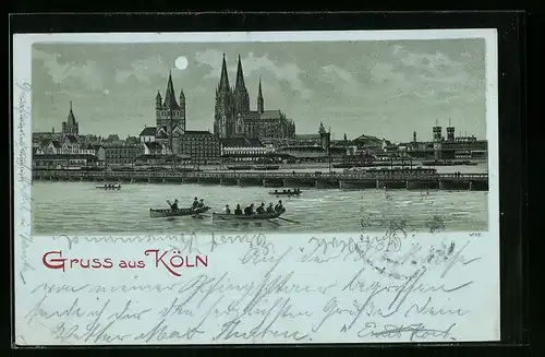 Mondschein-Lithographie Köln, Panorama mit Rheinbrücke und Dom