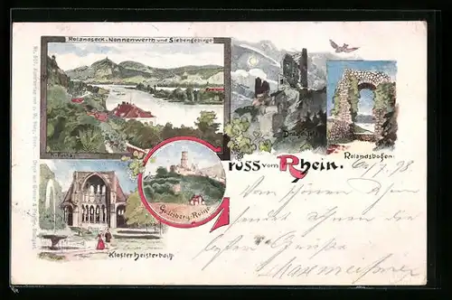 Lithographie Rolandseck, Ortsansicht mit Siebengebirge, Drachenfets, Rolandsbogen, Kloster Heisterbach, Godesberg-Ruine