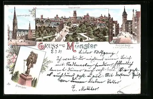 Lithographie Münster, Kiepenkähl, Prinzipalmarkt und alte Lamberti-Kirche, Totalansicht