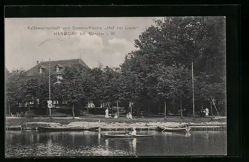 AK Handorf bei Münster i. W., Kaffee und Sommerfrische Hof zur Linde, vom Wasser gesehen