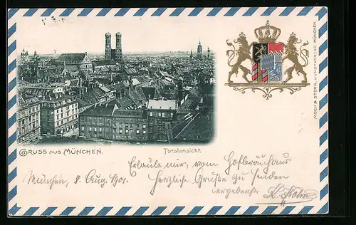 AK München, Totalansicht und Wappen