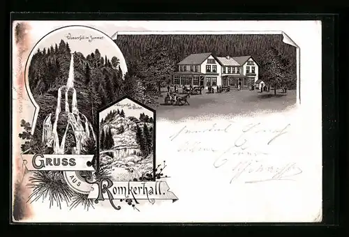 Lithographie Oker, Gasthaus Romkerhall mit Pferdewagen, Wasserfall in Sommer und Winter