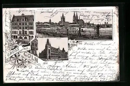 Lithographie Cöln, Rathaus, Post, Ortsansicht von der Schiffbrücke aus