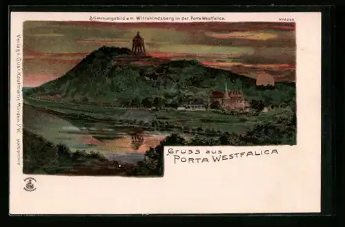 Lithographie Porta Westfalica, Panorama mit goldenem Sonnenschein