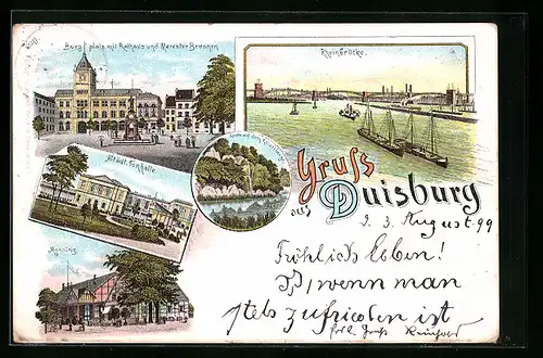 Lithographie Duisburg, Schiffe vor der Rheinbrücke, Burgplatz mit Rathaus, Monning mit Gasthof