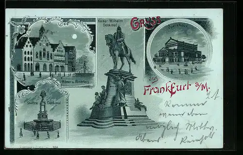 Mondschein-Lithographie Frankfurt a. M., Opernhaus, Römer und Römerberg, Stoltze-Denkmal