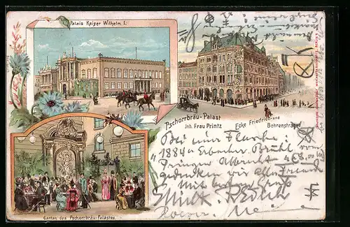 Lithographie Berlin, Gasthaus Pschorrbräu-Palast Friedrich- Ecke Behrenstrasse, Garten, Palais Kaiser Wilhelm I.