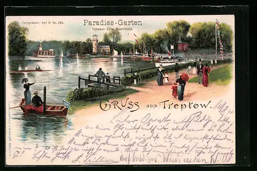 Lithographie Berlin-Treptow, Gasthaus Etablissement Paradies-Garten O. Buchholtz mit Dampfer und Promenade