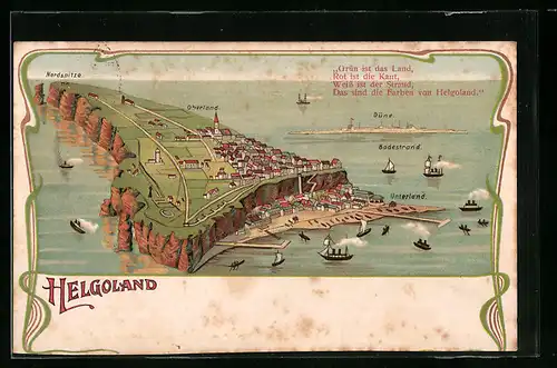 Lithographie Helgoland, Gesamtansicht mit Düne und Schiffen