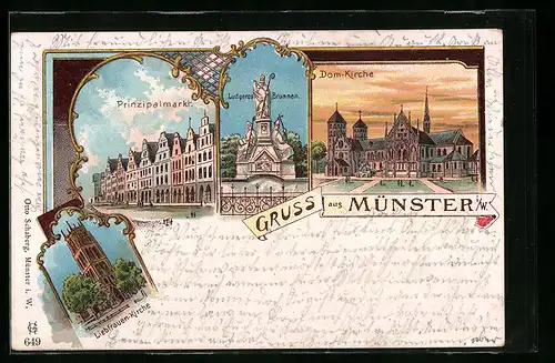 Lithographie Münster i. W., Prinzipalmarkt, Ludgerus-Brunnen