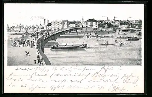 Künstler-AK Schweinfurt, Labestelle Hauptbahnhof, Flusspartie mit Brücke