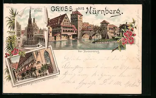 Lithographie Nürnberg, Gasthof Bratwurstglöcklein und Moritzkapelle, Henkersteg