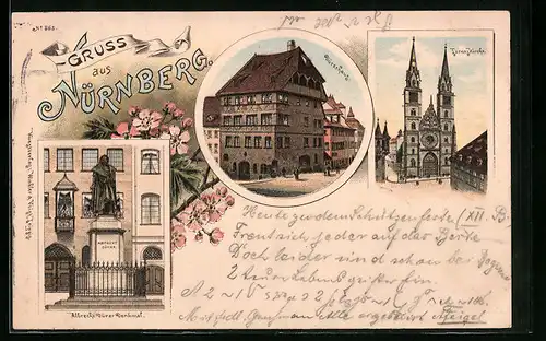 Lithographie Nürnberg, Albrecht-Dürrer-Denkmal, Dürrer-Haus, Lorenz-Kirche