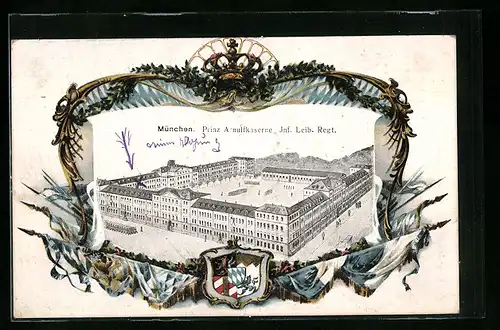 Passepartout-AK München, Prinz Arnulfkaserne, Inf. Leib. Regt., Fahnen, Wappen