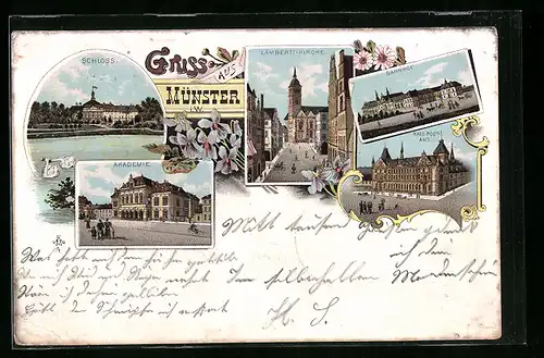 Lithographie Münster i. W., Bahnhof, Lambertikirche, Postamt