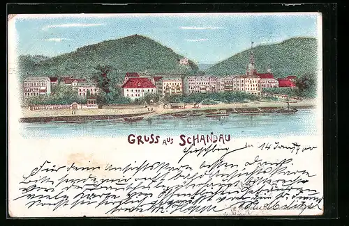 Lithographie Schandau, Ortsansicht mit Elbhotel & Restaurant vom Wasser aus