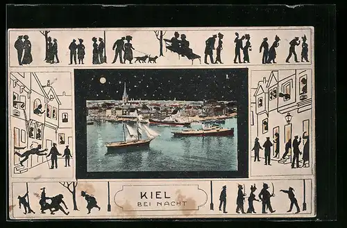 Künstler-AK Kiel, Kiel bei Nacht, Hafenpartie bei Vollmond, Nachtleben in Schattenbildern