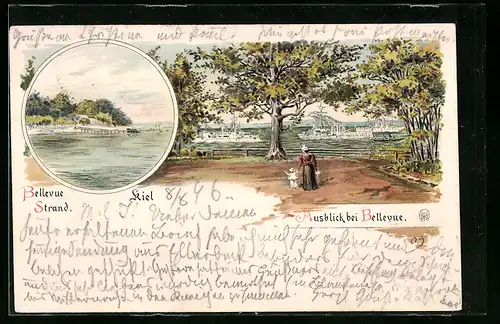 Lithographie Kiel, Bellevue Strand und Ausblick bei Bellevue