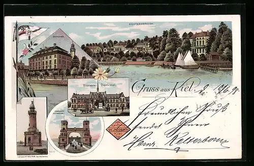 Lithographie Kiel, Düsternbrook, Schloss, Bismarck Denkmal, Levensauer Hochbrücke