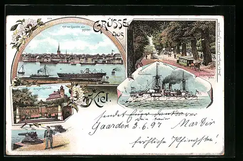 Lithographie Kiel, S.M.S. Brandenburg, Krieger-Denkmal und die Stadt von Gaarden aus gesehen