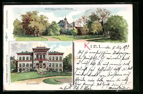 Lithographie Kiel, Schlossgarten & Schloss, Universität