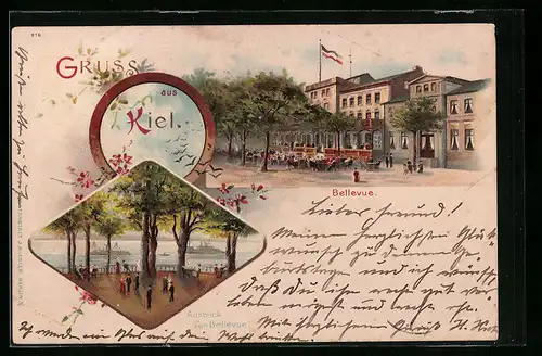 Lithographie Kiel, Bellevue mit Gästen, Ausblick v. Bellevue
