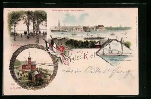 Lithographie Kiel, Bellevue, Seegarten u. Panorama vom Gaarden gesehen, SM Yacht Hohenzollern
