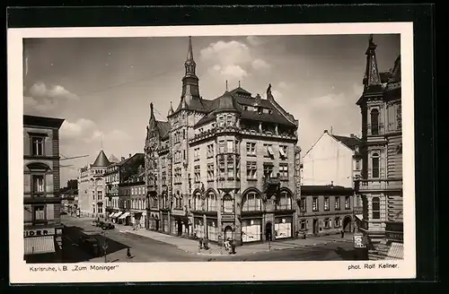 AK Karlsruhe i. B., Gasthof zum Moninger mit Strasse aus der Vogelschau