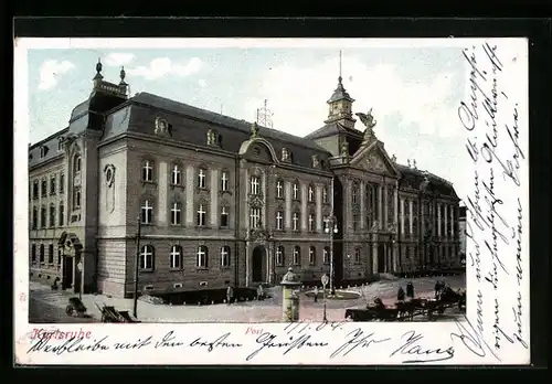 AK Karlsruhe, Postgebäude, Strassenansicht