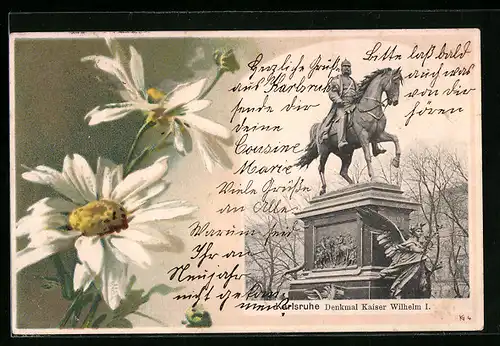 Passepartout-Lithographie Karlsruhe, Denkmal Kaiser Wilhelm I., Margeriten