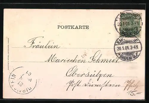 Passepartout-Lithographie Karlsruhe, Denkmal Kaiser Wilhelm I., Margeriten