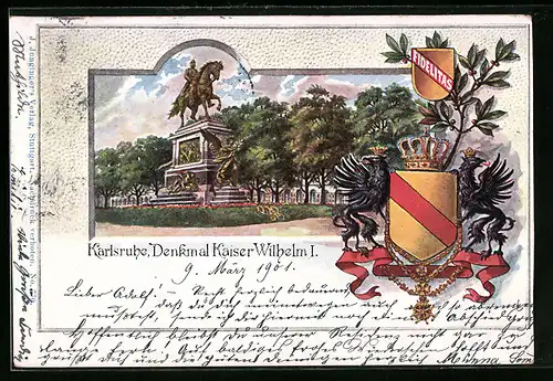 Passepartout-Lithographie Karlsruhe, Denkmal Kaiser Wilhelm I., Wappen