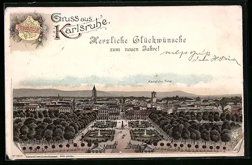 Lithographie Karlsruhe, Totalansicht mit Anlagen, Wappen