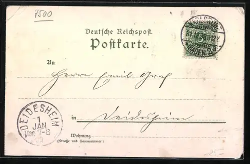 Lithographie Karlsruhe, Totalansicht mit Anlagen, Wappen