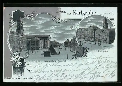 Mondschein-Lithographie Karlsruhe, Stadtkirche und Marktplatz, Rathhaus
