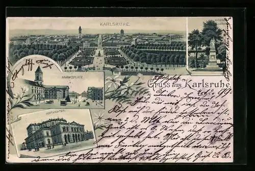 Lithographie Karlsruhe, Gesamtansicht aus der Vogelschau, Krieger-Denkmal, Marktplatz, Hoftheater