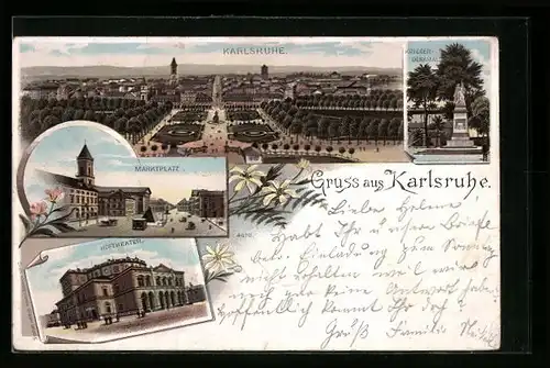 Lithographie Karlsruhe, Kriegerdenkmal, Marktplatz, Hoftheater
