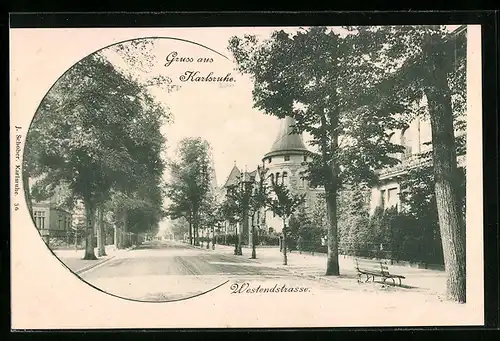 AK Karlsruhe, Westendstrasse mit Turmgebäude