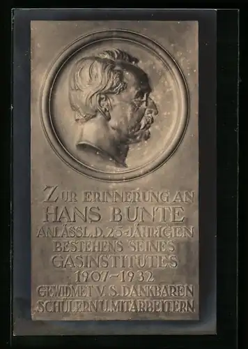 AK Karlsruhe, Gas-Institut Karlsruhe, heute Engler-Bunte-Institut, Gedenktafel mit Portrait Hans Bunte