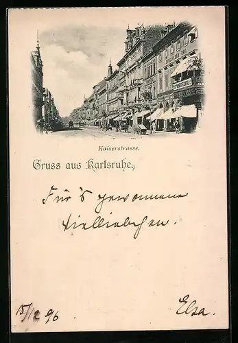 AK Karlsruhe, Kaiserstrasse mit Geschäft
