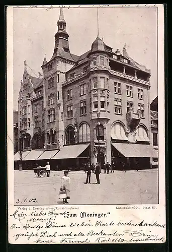 AK Karlsruhe, Gasthaus zum Moninger, Passanten